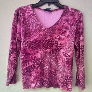 Paisley V-Neck Long Sleeve Top - Pink